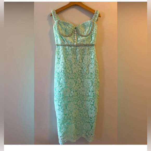 Self Portrait Green Cord Lace Diamante Midi Dress - Picture 2 of 3